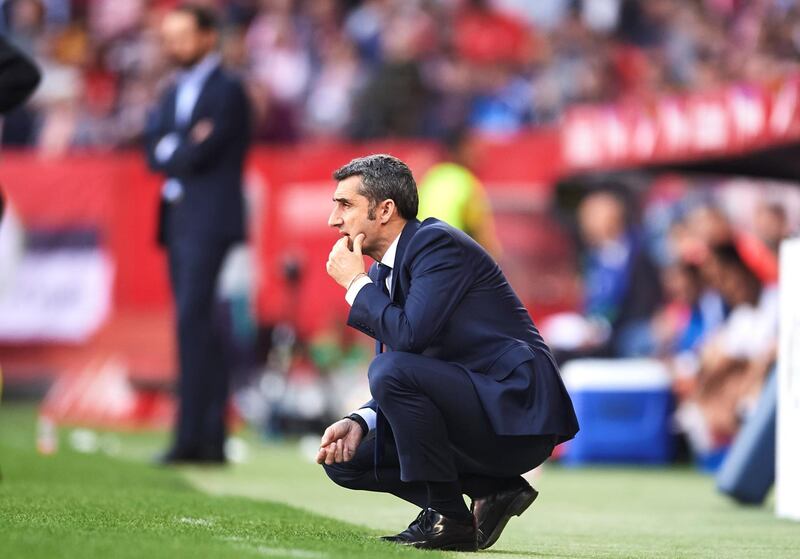 SEVILLE, SPAIN - FEBRUARY 23: Head coach Ernesto Valverde of FC Barcelona reacts during the La Liga match between Sevilla FC and FC Barcelona at Estadio Ramon Sanchez Pizjuan on February 23, 2019 in Seville, Spain. (Photo by Aitor Alcalde/Getty Images)