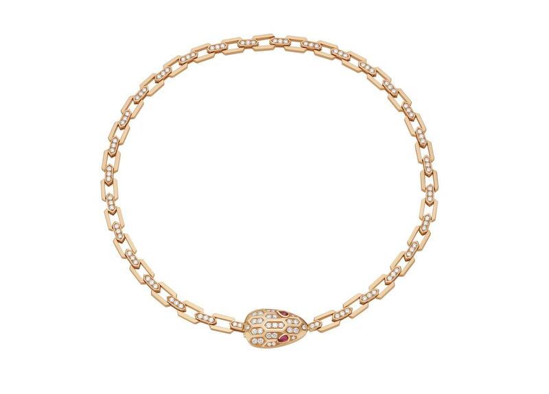 Serpenti collar necklace in pink gold with rubellites and full pavé diamonds, Dh142,000. Courtesy Bulgari