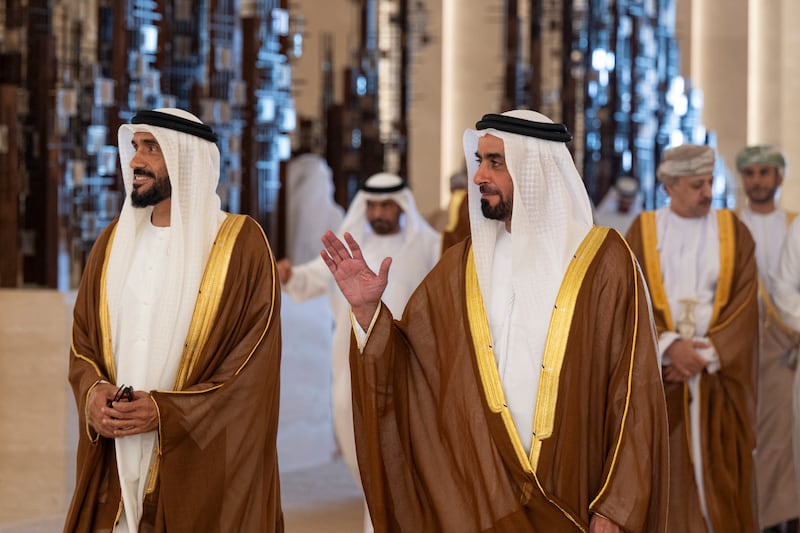 Sheikh Saif bin Zayed, Deputy Prime Minister and Minister of Interior, and Sheikh Nahyan Bin Zayed, Chairman of the Board of Trustees of Zayed bin Sultan Al Nahyan Charitable and Humanitarian Foundation, await the departure of Sultan Haitham (not shown), at the Presidential Airport