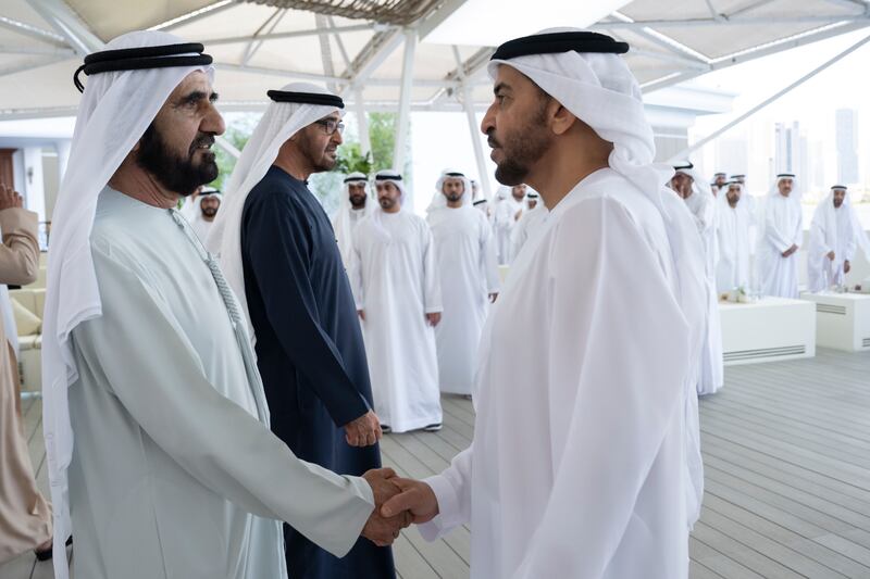 Sheikh Mohammed bin Rashid meets Sheikh Hamdan alongside Sheikh Mohamed. Hamad Al Kaabi / Presidential Court