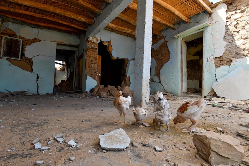Chickens peck for food at an abandoned home in Afella Igir. AFP
