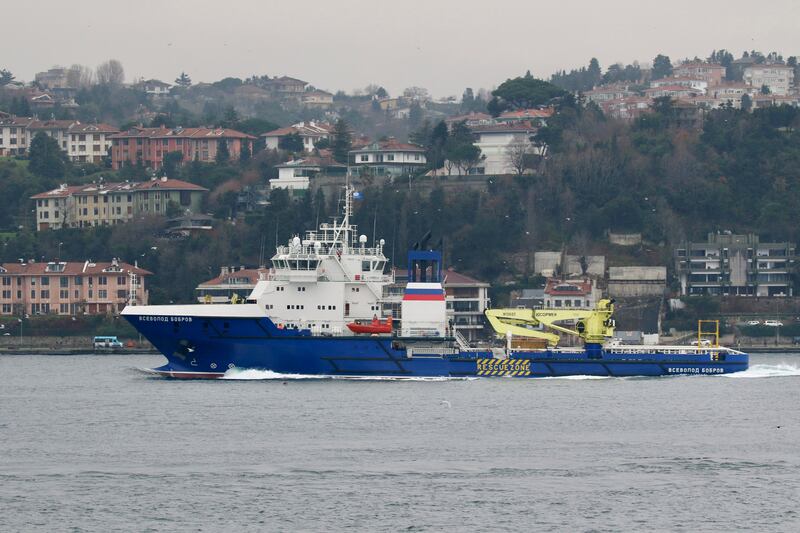 Russian Navy logistics support ship the 'Vsevolod Bobrov', pictured off Istanbul in January, has reportedly caught fire after a Ukrainian airstrike in the Black Sea. Reuters