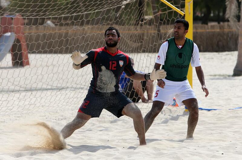 The UAE goalkeeper Humaid Jamal won the Mundialito de Clubes in Brazil last year with Russian club Lokomotiv Moscow. That experience should serve him well at the Beach Soccer World Cup. Pawan Singh / The National