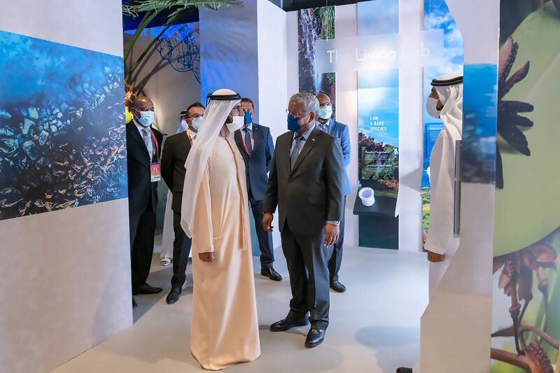 Sheikh Mohammed bin Rashid, Vice President and Ruler of Dubai meets Seychelles President Wavel Ramkalawan at the country’s Expo 2020 Dubai pavilion.