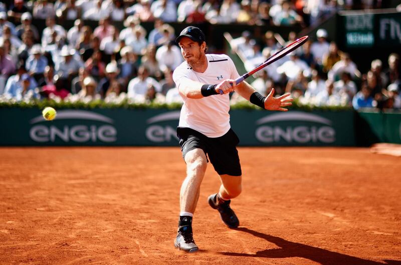 PARIS, FRANCE - JUNE 09:  Andy Murray of Great Britain plays a backhand during the mens singles semi-final match against Stan Wawrinka of Switzerland on day thirteen of the 2017 French Open at Roland Garros on June 9, 2017 in Paris, France.  (Photo by Adam Pretty/Getty Images)
