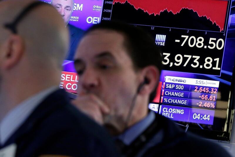 Traders work on the floor of the New York Stock Exchange before the closing bell Thursday, March 22, 2018. Stocks plunged, sending the Dow Jones industrials down more than 700 points, as investors feared that trade tensions will spike between the U.S. and China. (AP Photo/Richard Drew)