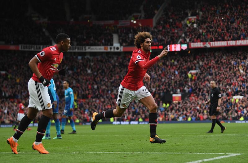 MANCHESTER, ENGLAND - APRIL 29:  Marouane Fellaini of Manchester United celebrates after scoring his sides second goal during the Premier League match between Manchester United and Arsenal at Old Trafford on April 29, 2018 in Manchester, England.  (Photo by Shaun Botterill/Getty Images)