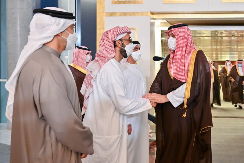 Saudi Crown Prince Mohammed bin Salman offers condolences to Sheikh Tahnoun bin Zayed, UAE National Security Adviser. All photos: Ministry of Presidential Affairs