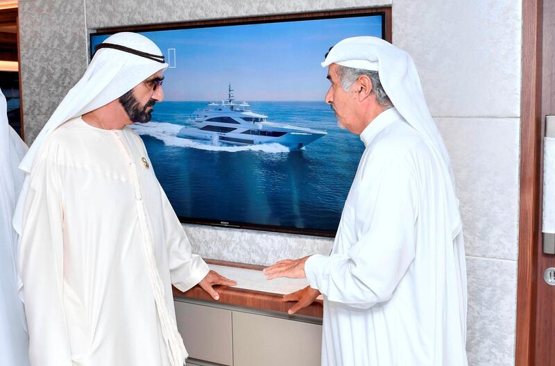 Sheikh Mohammed bin Rashid reviews some of the luxury yachts on display at the boat show. Wam