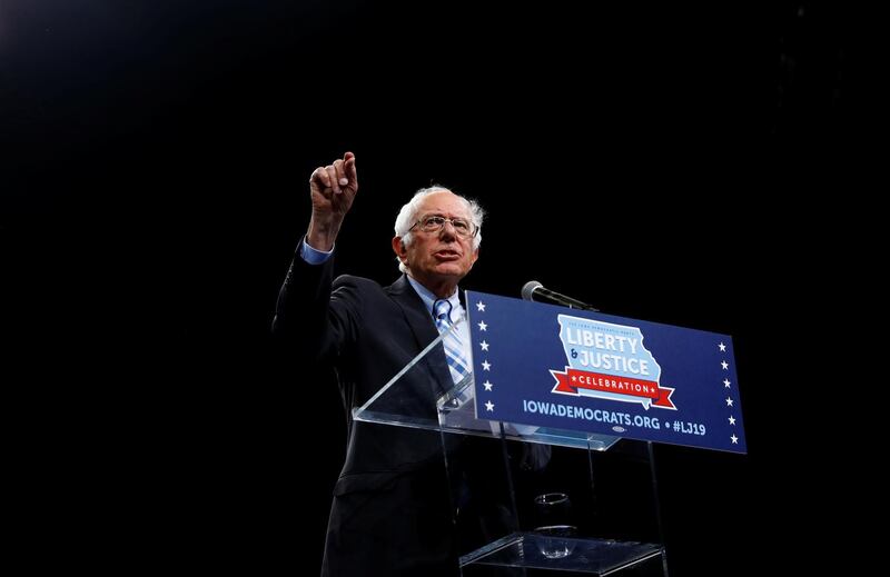 Democratic 2020 U.S. presidential candidate Sen. Bernie Sanders speaks at a Democratic Party fundraising dinner, the Liberty and Justice Celebration, in Des Moines, Iowa, U.S.  Reuters