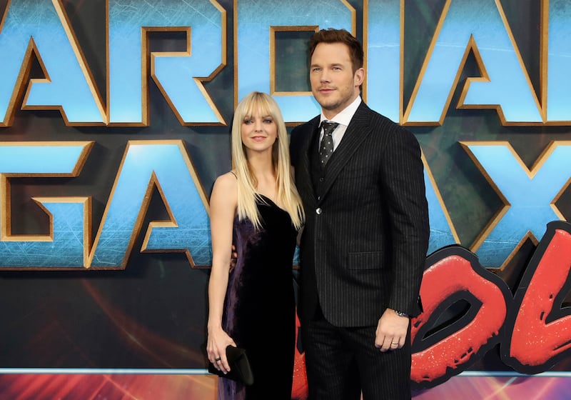 FILE- In this April 24, 2017, file photo, actors Anna Faris, left, and Chris Pratt pose for photographers upon arrival at the premiere of the film "Guardians of the Galaxy Vol.2" in London. Pratt and Faris have announced they are separating after eight years of marriage. The actors announced their breakup on social media Sunday, Aug. 6, in a joint statement confirmed by Prattâ€™s publicist. (Photo by Vianney Le Caer/Invision/AP, File)