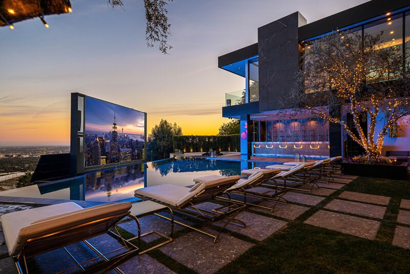 The 23-foot pool screen in the garden of the $139m Bel Air mansion.