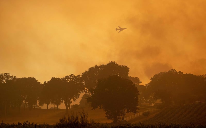 An air tanker flies over a vineyard during the Mendocino Complex fire in Lakeport, California, in 2018. AFP / Josh Edelson