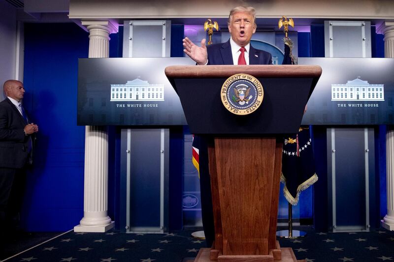 President Donald Trump arrives for a news conference in the James Brady Press Briefing Room at the White House. AP Photo