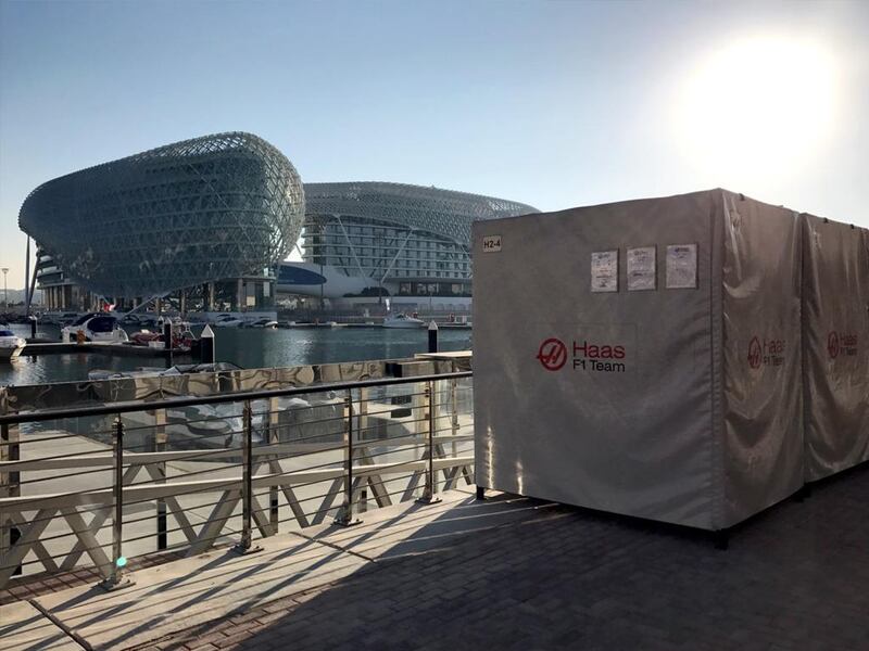 Boxes of equipment for the Haas F1 team arrive at Yas Marina Circuit. Courtesy Seven Media