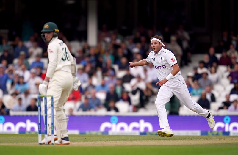England's Stuart Broad celebrates taking the wicket of Australia's Todd Murphy. PA 