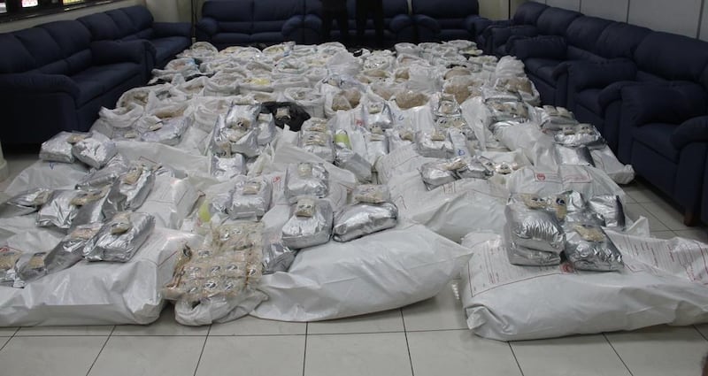 Dubai Police seized more than 17 million Captagon pills from locations in Jebel Ali and Ajman in this year’s largest bust of drug capsules. Courtesy Dubai Police 