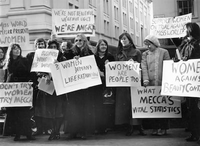 The women's liberation movement protested the Miss World Contest in December 1970. Getty Images