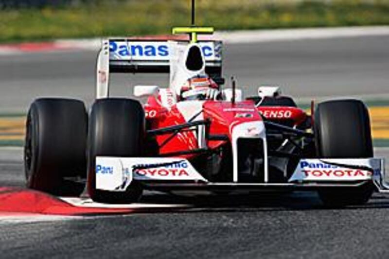 Timo Glock of Germany tests this year's Toyota around the Catalunya circuit. Toyota were close to pulling out of the sport last year.