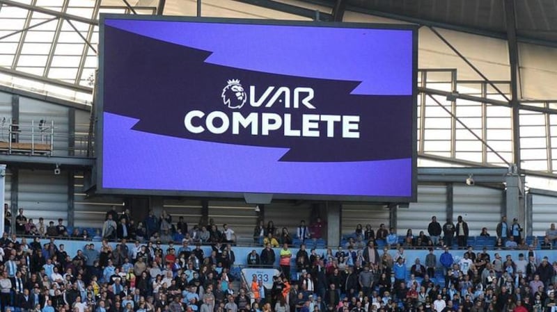 The giant screen signals to the referee, players and crowd at the Etihad Stadium, for Manchester City's clash with Tottenham Hotspur in August, that a VAR check over a disputed Gabriel Jesus goal has been completed. The goal was chalked off. Getty 