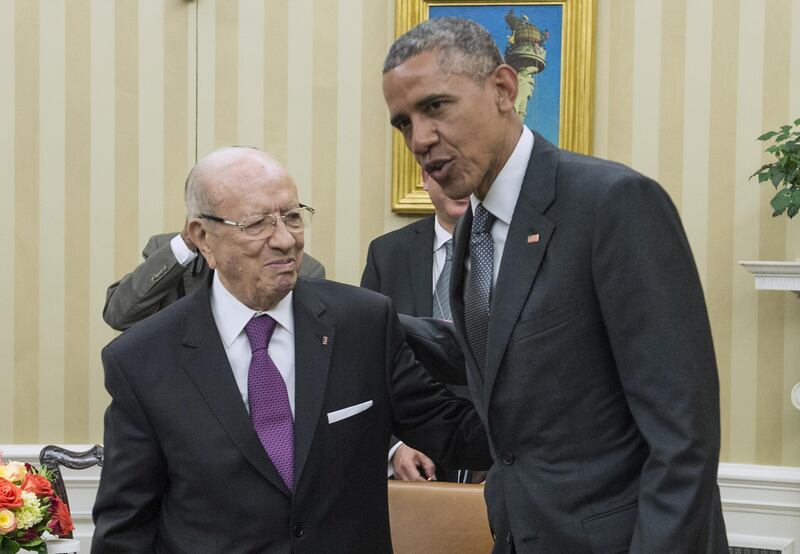 Essebsi at the Oval Office with US President Barack Obama in 2015.  AFP Photo