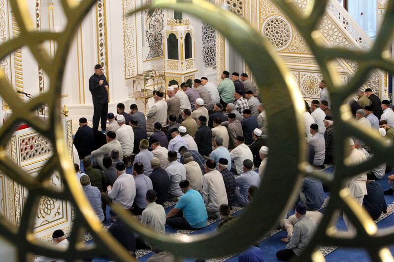 A mosque celebration of Eid Al Adha near Grozny, the capital of Chechen Republic in Russia. AP 