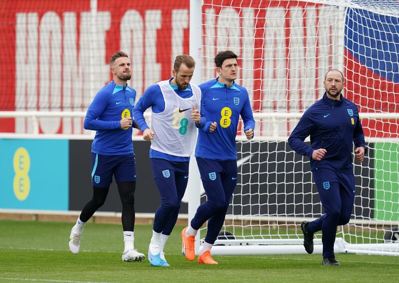 England's Jordan Henderson, Harry Kane and Harry Maguire during training session. PA