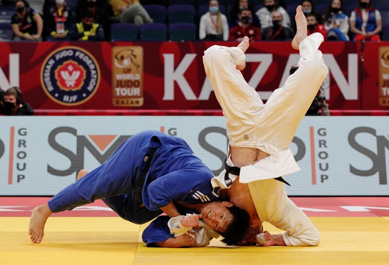 Serbia's Aleksandar Kukolj and Guham Cho of South Korea during the men's under 100kg final at the 2021 Kazan Grand Slam Judo Tournament, at the Tatneft Arena in Russia on Friday May 7. Reuters