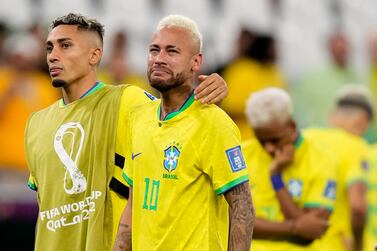 Brazil's Neymar cries at the end of the World Cup quarterfinal soccer match between Croatia and Brazil, at the Education City Stadium in Al Rayyan, Qatar, Friday, Dec.  9, 2022.  (AP Photo / Darko Bandic)