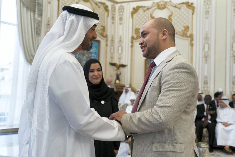 ABU DHABI, UNITED ARAB EMIRATES - October 07, 2019: HH Sheikh Mohamed bin Zayed Al Nahyan, Crown Prince of Abu Dhabi and Deputy Supreme Commander of the UAE Armed Forces (L), receives a member of the Arab Parliament (R), during a Sea Palace barza. Seen with HE Dr Amal Abdullah Al Qubaisi, Speaker of the Federal National Council (FNC) (C).


( Rashed Al Mansoori / Ministry of Presidential Affairs )
---