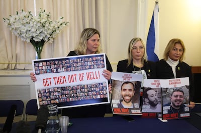Relatives of hostages held by Hamas during a press conference at the Israeli embassy in London on Thursday. AFP
