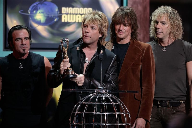 Musicians Tico Torres, Jon Bon Jovi, Richie Sambora and David Bryan of Bon Jovi accept their Diamond Award onstage at the 2005 World Music Awards at the Kodak Theatre. Getty Images / Getty Images