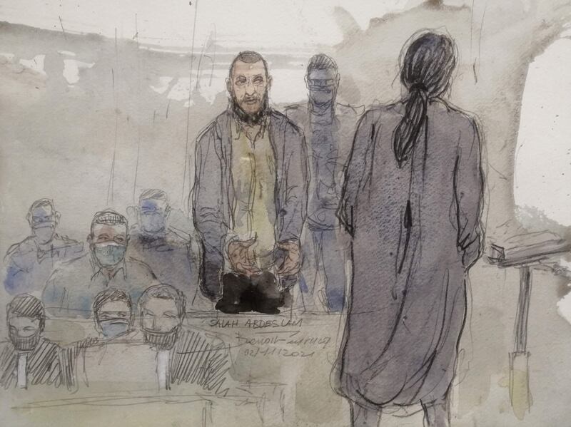 A court sketch of Salah Abdeslam (centre), the sole surviving suspect in the November 13, 2015 Paris terrorist attacks. AFP