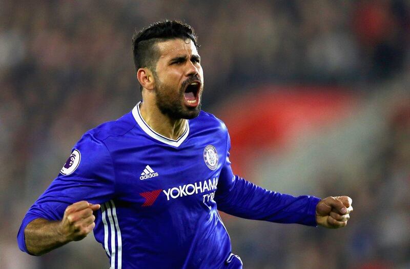 Diego Costa of Chelsea celebrates scoring his side's second goal on Sunday. Clive Rose / Getty Images / October 30, 2016