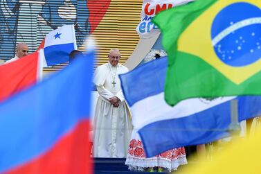 epaselect epa07317059 Pope Francis (C) attends the welcoming ceremony of the World Youth Day (WYD), at the Santa Maria La Antigua field in Panama City, Panama, 24 January 2019. EPA/ETTORE FERRARI