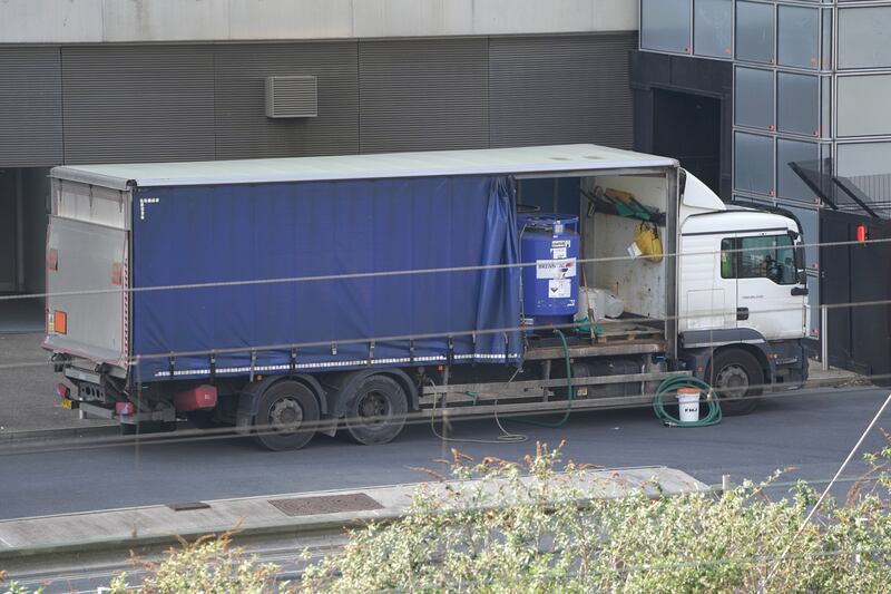 A lorry carrying a tank of hydrochloric acid, parked outside London Aquatics Centre at Queen Elizabeth Olympic Park. PA