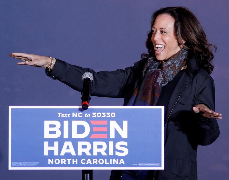 Democratic US vice presidential nominee Senator Kamala Harris responds to supporters as she arrives for a drive-in campaign rally in Fayetteville, North Carolina, US, on November 1, 2020. Reuters