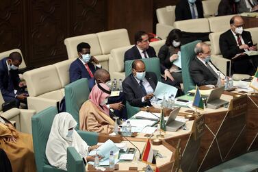 Arab foreign ministers holding the 155th ordinary session at the Arab League headquarters in Cairo, Egypt, 03 March 2021. EPA