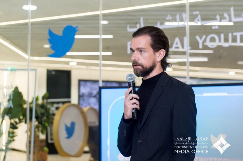 Jack Dorsey, chief executive of Twitter, launches the #YouthForGood initiative in Dubai on Monday. Courtesy Dubai Media Office