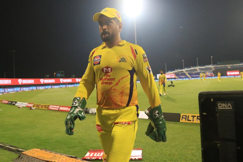 MS Dhoni captain of Chennai Superkings after first inning during match 1 of season 13 Dream 11 of Indian Premier League (IPL) held at the Sheikh Zayed Stadium, Abu Dhabi  in the United Arab Emirates on the 19th September 2020.  Photo by: Rahul Goyal  / Sportzpics for BCCI