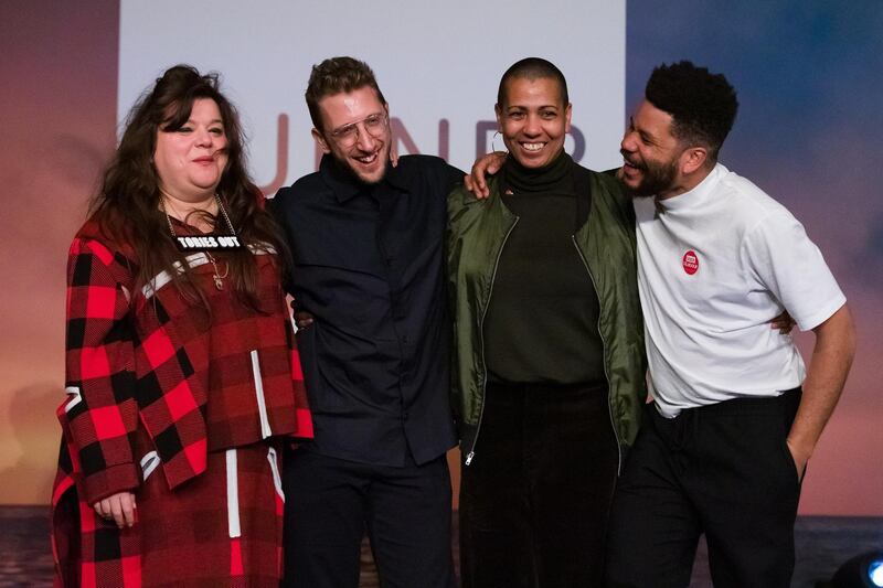 epa08042504 British artists (L-R) Tai Shani, Lawrence Abu Hamdan, Helen Cammock, and Oscar Murillo pose for a photograph after being announced as the joint winners of Turner Prize 2019 at Dreamland in Margate, Kent, Britain, 03 December 2019. The Turner Prize, which is presented since 1984 to a British-born or based artist aged under 50, is in its 35th year and is considered the highest award for arts in Britain.  EPA/VICKIE FLORES