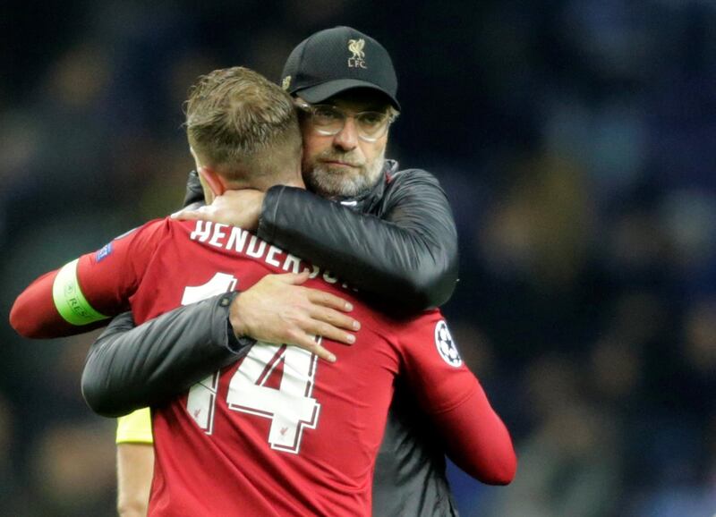 Soccer Football - Champions League Quarter Final Second Leg - FC Porto v Liverpool - Estadio do Dragao, Porto, Portugal - April 17, 2019  Liverpool manager Juergen Klopp celebrates after the match with Jordan Henderson        REUTERS/Miguel Vidal