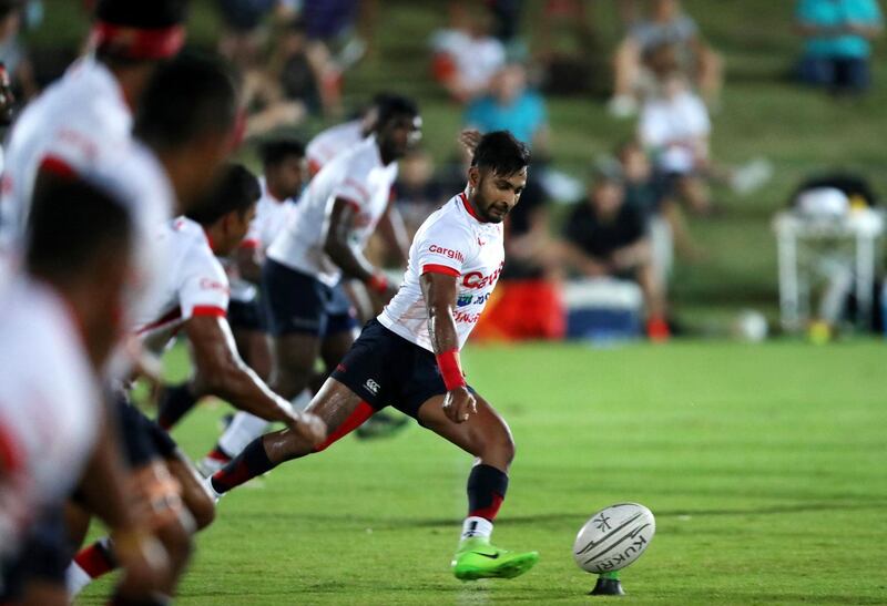 Abu Dhabi, United Arab Emirates - September 07, 2018: Kandy's Thinina Wijesinghe misses a penalty in the game between Abu Dhabi Harlequins v Kandy in the Western Clubs Champions League. Friday, September 7th, 2018 at Zayed Sports City, Abu Dhabi. Chris Whiteoak / The National