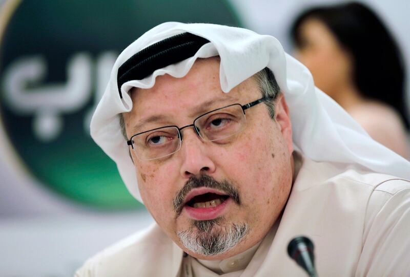 FILE - In this Dec. 15, 2014, file photo, Saudi journalist Jamal Khashoggi speaks during a news conference in Manama, Bahrain. A court in Saudi Arabia on Monday sentenced five people to death for the killing of Washington Post columnist Khashoggi, who was murdered in the Saudi Consulate in Istanbul last year by a team of Saudi agents. (AP Photo/Hasan Jamali, File)