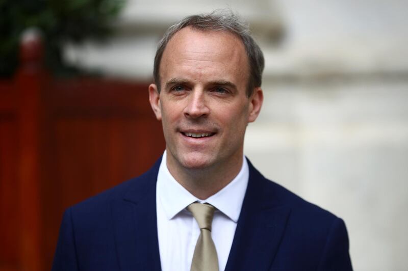 Britain's Foreign Secretary Dominic Raab reacts as he makes a statement on Hong Kong's national security legislation in London, Britain, July 1, 2020. REUTERS/Hannah McKay