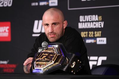 Featherweight champion Alex Volkanovski was cageside at UFC 280 in Abu Dhabi. Chris Whiteoak / The National