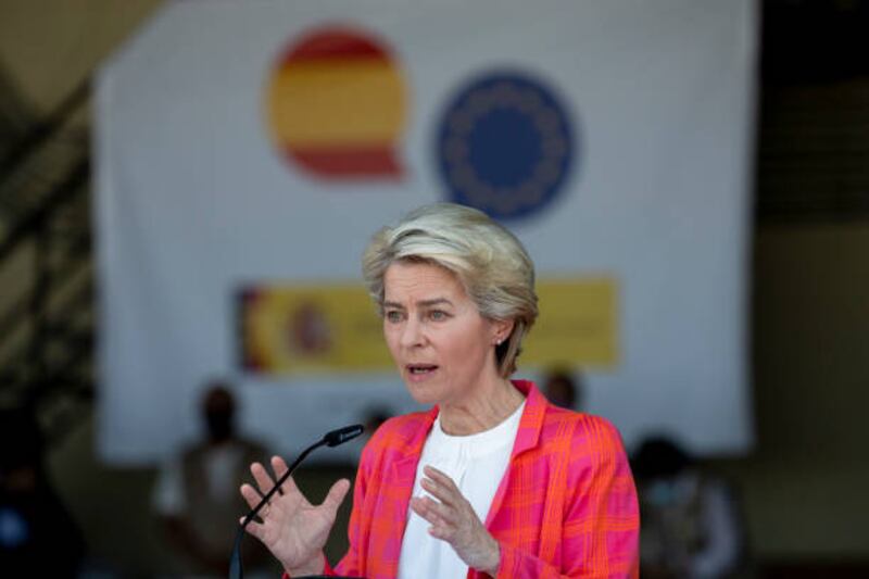 European Commission President Ursula Von der Leyen has visited a Spanish airbase that will become a refugee reception centre. Getty