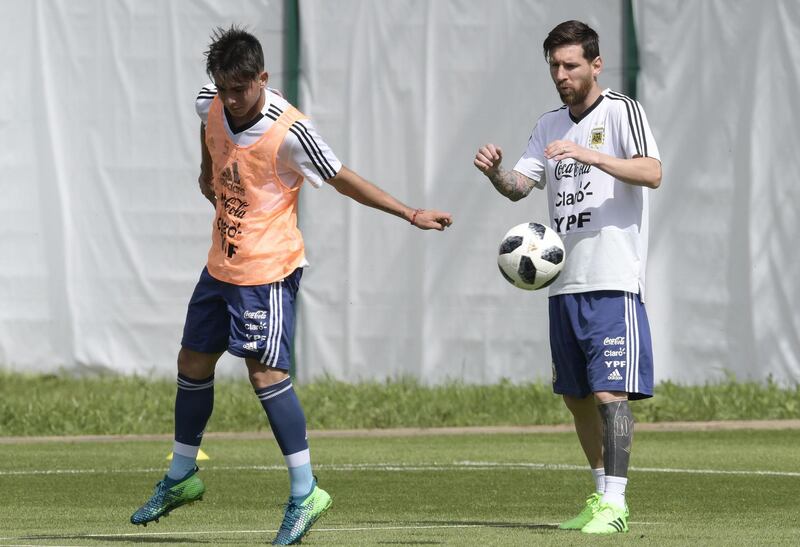 Lionel Messi, right, takes part in a training session at the team's base camp in Bronnitsy on June 25, 2018. Juan Mabromata / AFP