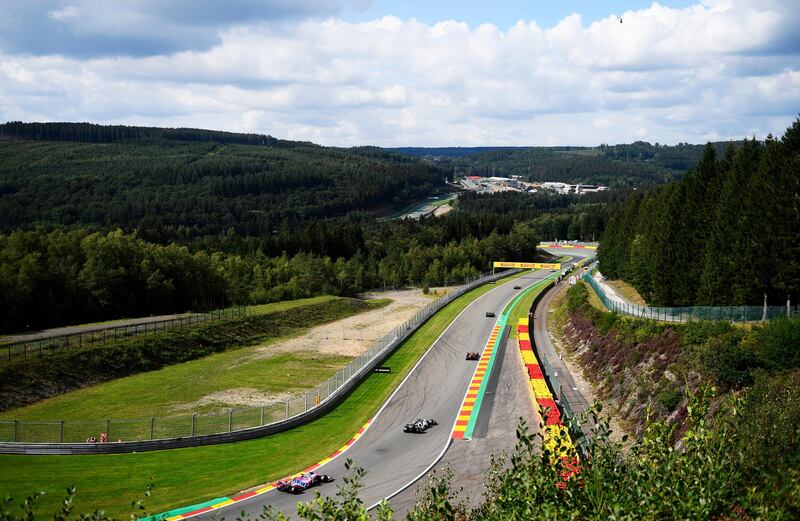 SPA, BELGIUM - AUGUST 30: A General view as cars race on track during the F1 Grand Prix of Belgium at Circuit de Spa-Francorchamps on August 30, 2020 in Spa, Belgium. (Photo by Rudy Carezzevoli/Getty Images)