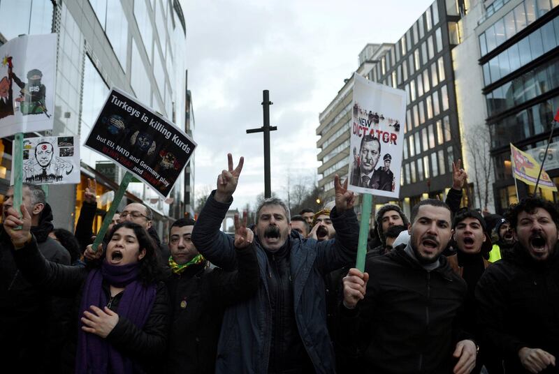 Protesters demonstrate against a visit of Turkey's President Erdogan  in Brussels.  Reuters